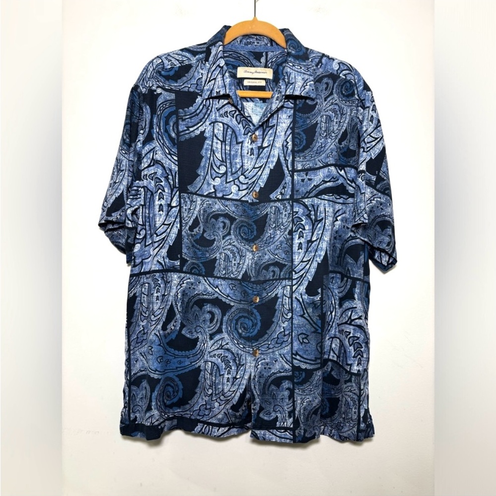 Tommy Bahama Silk Original Fit Blue Floral Paisley Button‎ Front Shirt Men’s L